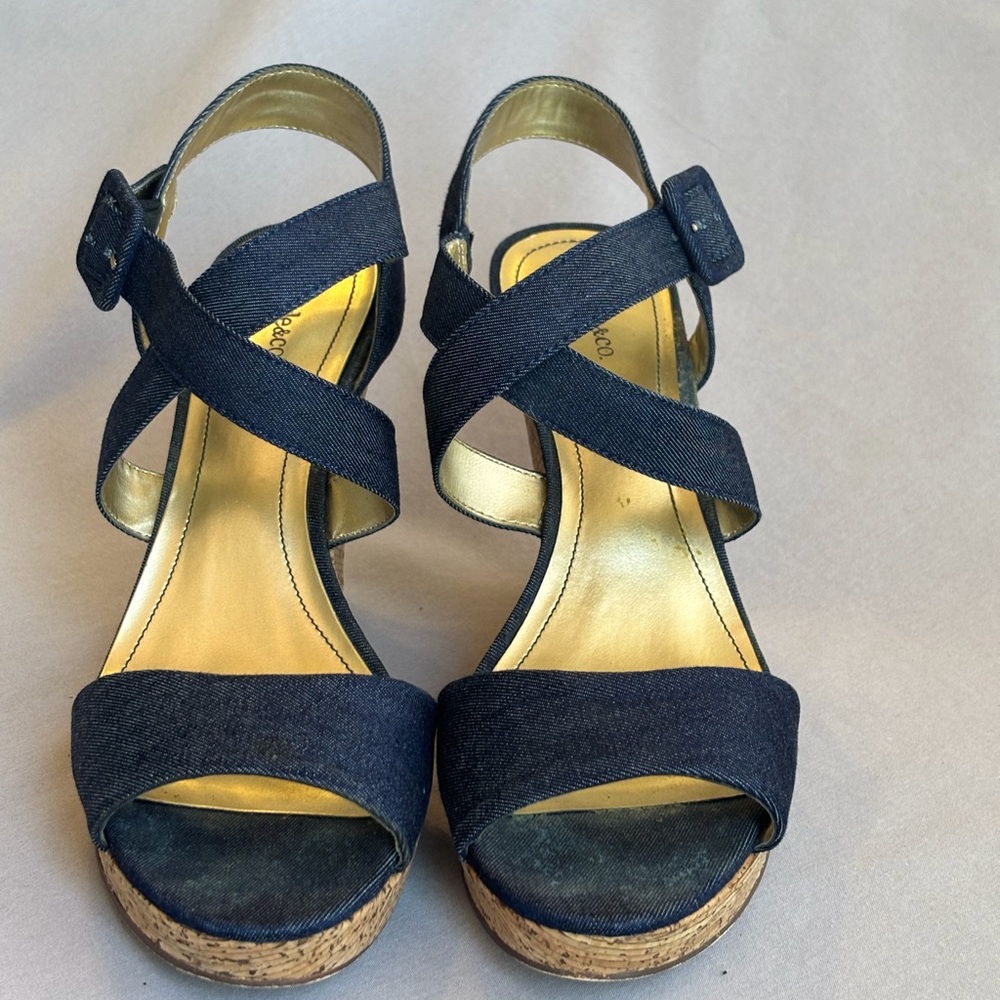 Denim Crisscross Cork Wedge Sandals - Navy